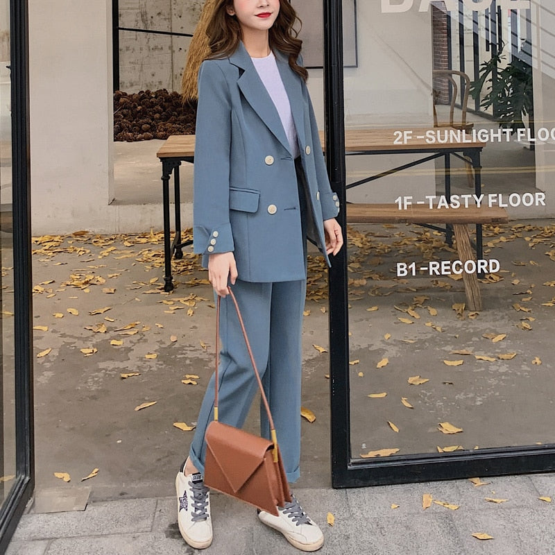Damenmode Langarm zweireiher Blazer Anzug, Blazer Hosenanzug für Bürodamen