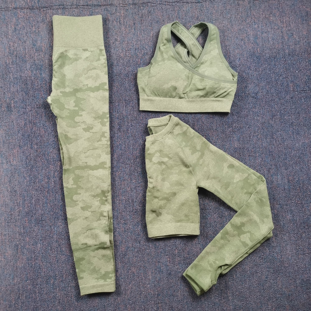 3 Teile / satz Damen Camouflage Yoga Set, Yoga-Leggings für Frauen, gestreifte Kompressionshose