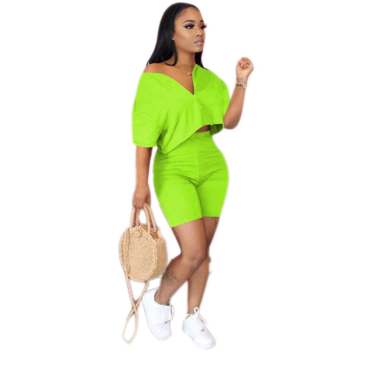 Casual Trainingsanzug, 2 stück set Crop-Top + Kurzhosen & Kurzarm Tiefem V-ausschnitt