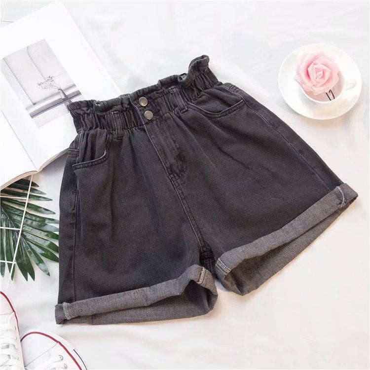 Elastische Hohe Taille Shorts Oversize für Damen, Kurze Jeans lose Breite Bein