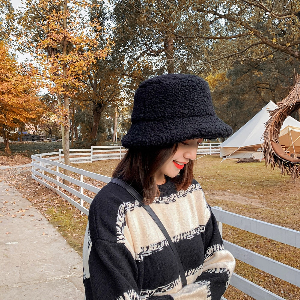 Winter Women Hats Teddy Velvet Warm Ear Protector Fisherman Hat Accessories vintage Lamb Velvet Cap Lovely Plush bucket hat