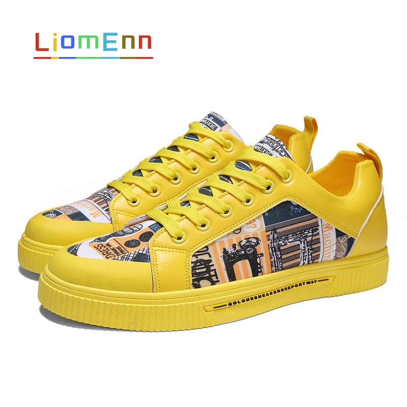 Graffiti Gelb Weiß Sneakers für Frauen, Flache Sport- und Freizeitschuhe, style Vulkanisiert