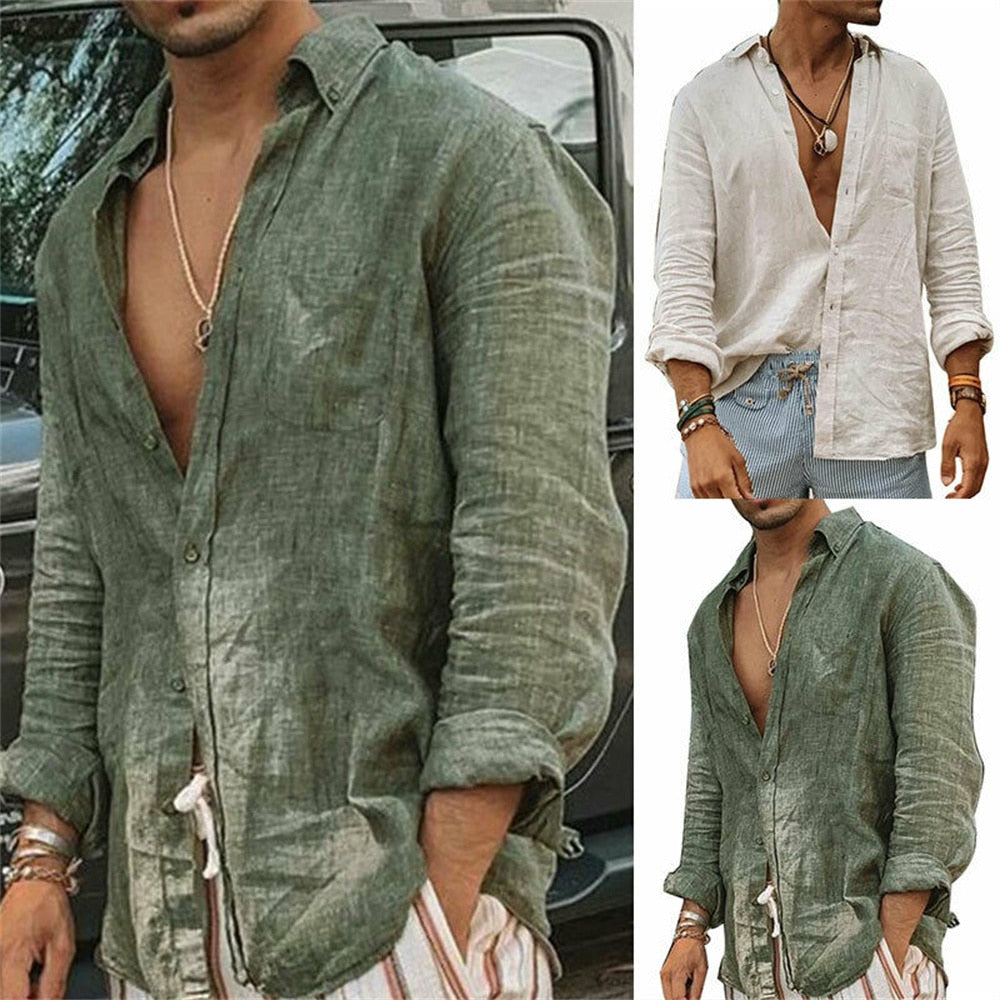 Einfarbig Herren Casual Baumwolle Leinen Shirts-Stehkragen, Frühling - Herbst Shirts mit langen Ärmel