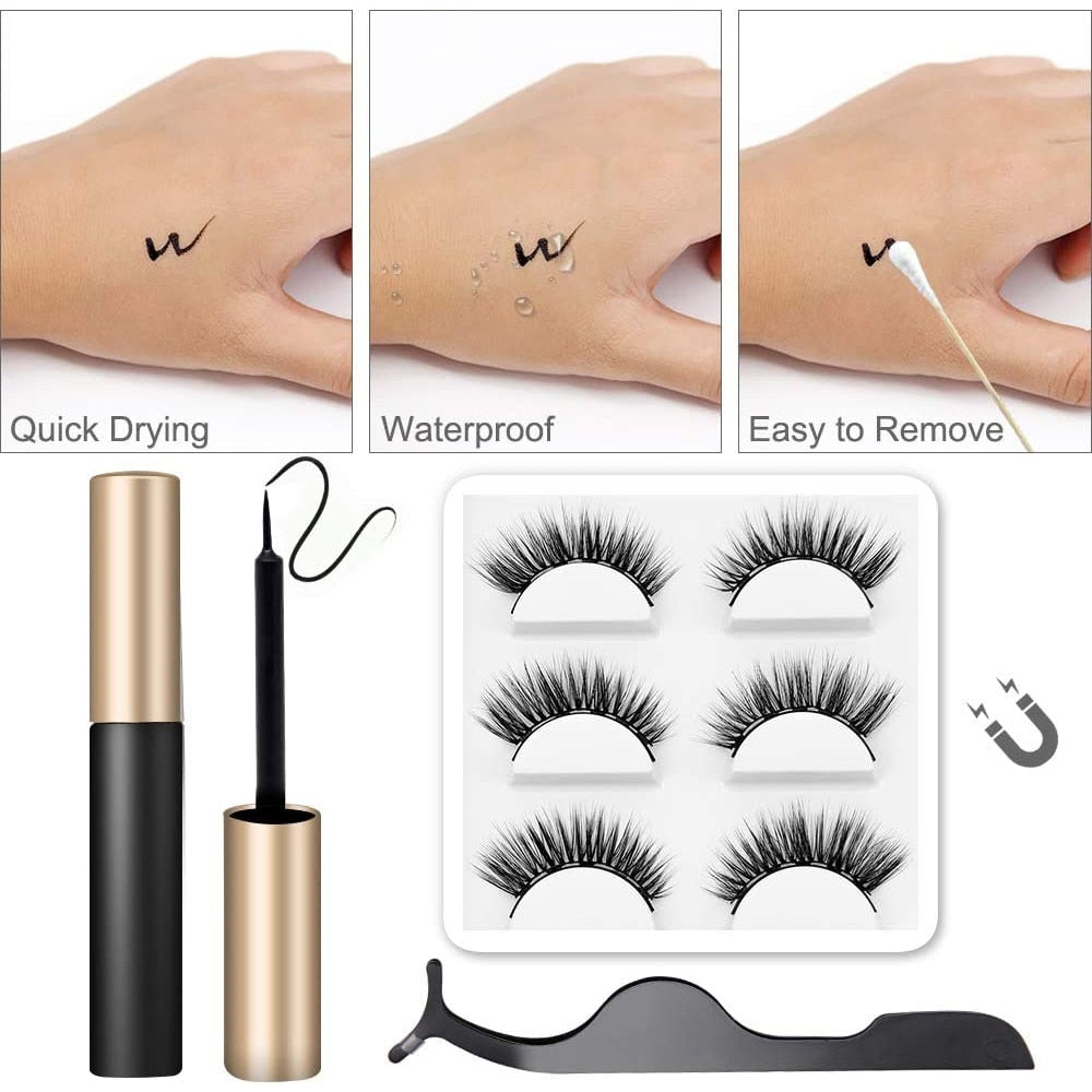 3 Paar 3D-magnetische Wimpern und flüssiger Eyeliner-Kit, natürlicher Look