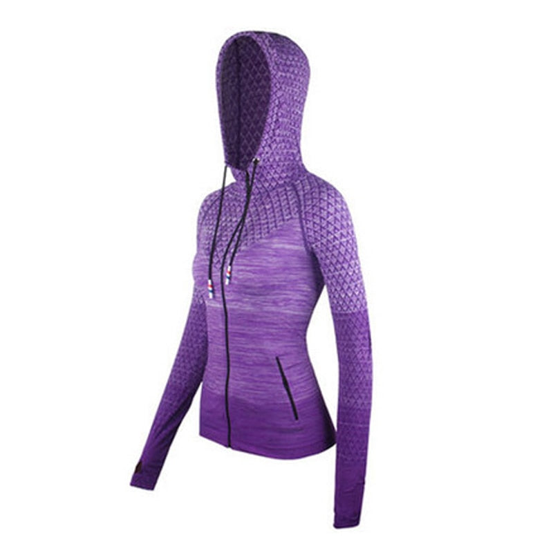 Reißverschluss Fitness Kleidung mit Hut, lange nahtlose Yoga Shirt