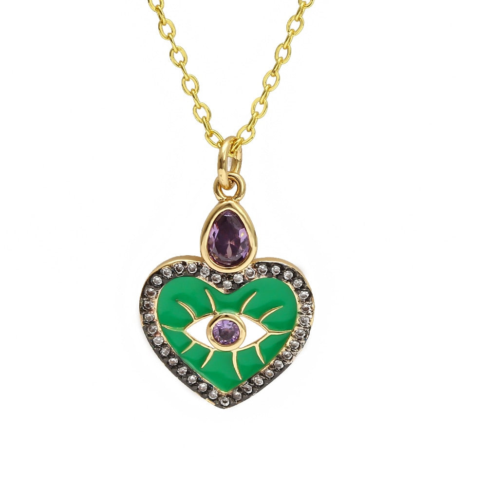 Lucky Eye Eulenherz Fatima Handpantoffeln Türkischer Böser Blick Anhänger Halskette Kupfer Goldfarbe, Langkettige Halskette für Frauen BE132