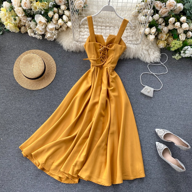 2023 Neue Frauen V-Ausschnitt Partykleid, Sommerkleid Retro Einfarbig