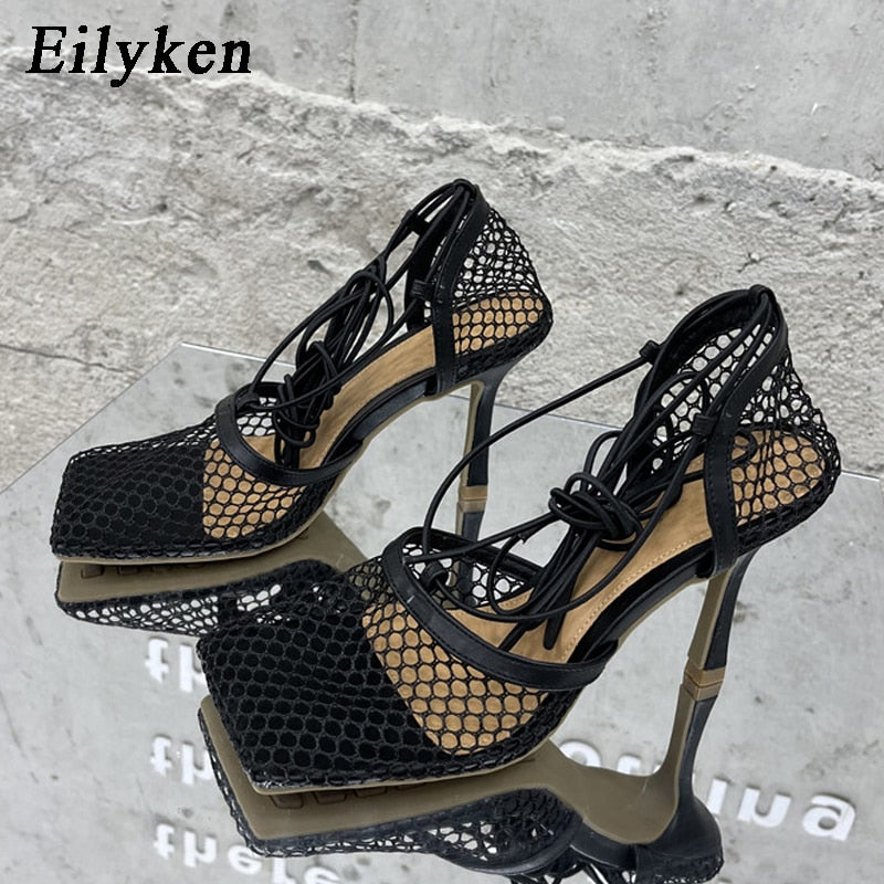 Eilyken 2023 Neue Sexy Mesh Pumps Sandalen, Weibliche Quadratische Zehe mit hohem Absatz