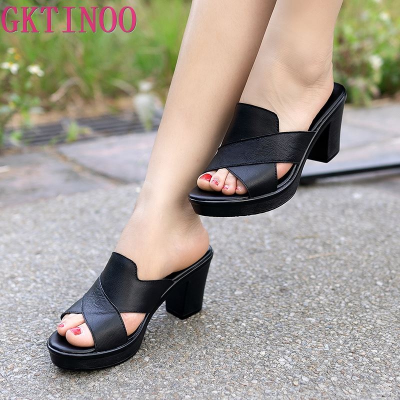 Damen High Heels Hausschuhe Sandalen, Freizeitschuhe Obermaterial aus echtem Leder, Rindsleder
