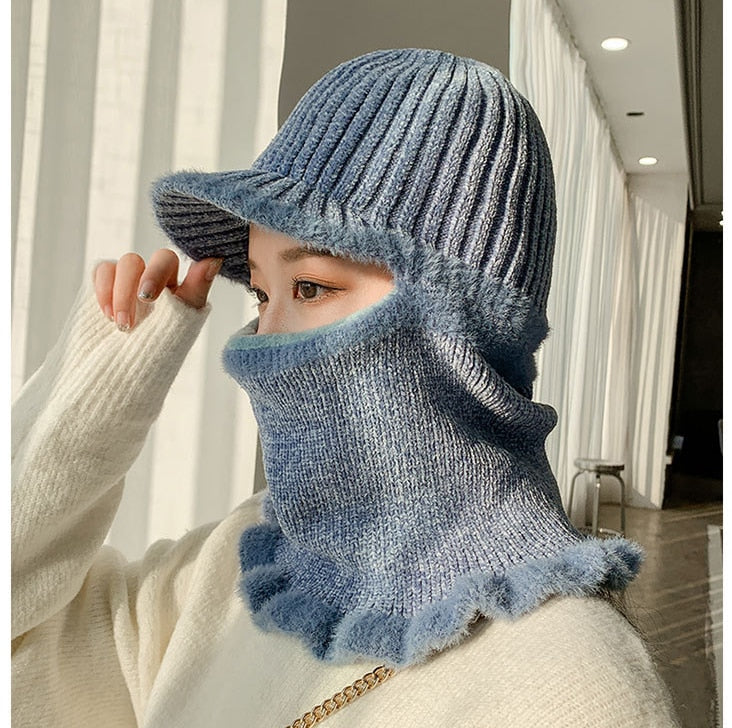 Warmer Hals Strickmütze Pelz Pompoms, Maske Wintermütze für Damen, Wolle Strickmütze