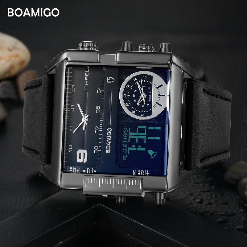 Männer Markensportuhren, 3 Zeitzone, Multifunktions Quarzuhr 24H Kalender Lederarmband