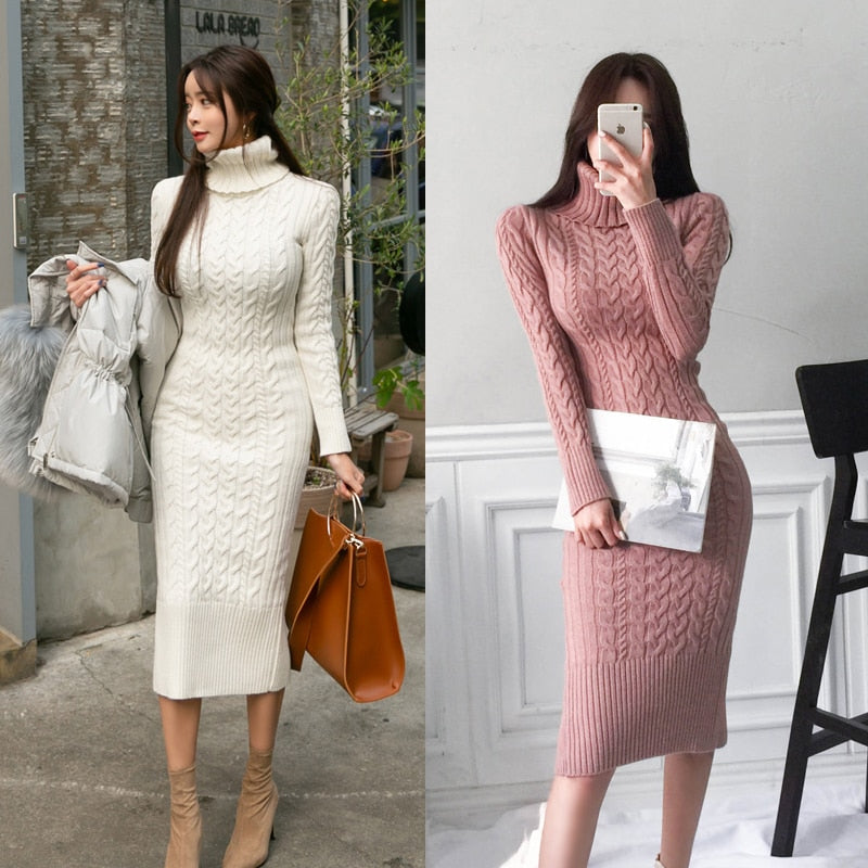 Rollkragen Pulloverkleid für Frauen, Elegant, Langarm gestrickter Bodycon