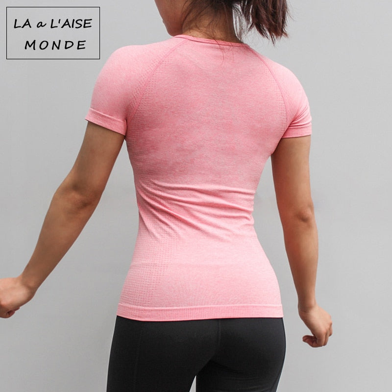 Damen Nahtloses Sportshirt, Kurzarm Yoga Sportbekleidung für Damen