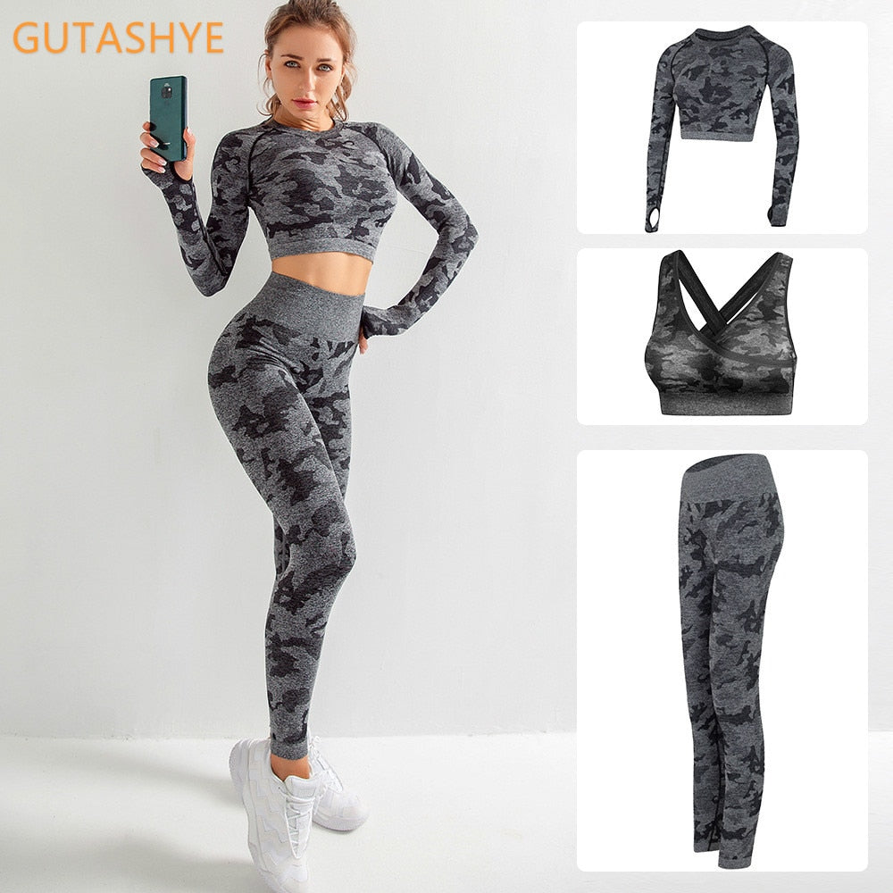 3 Teile / satz Damen Camouflage Yoga Set, Yoga-Leggings für Frauen, gestreifte Kompressionshose