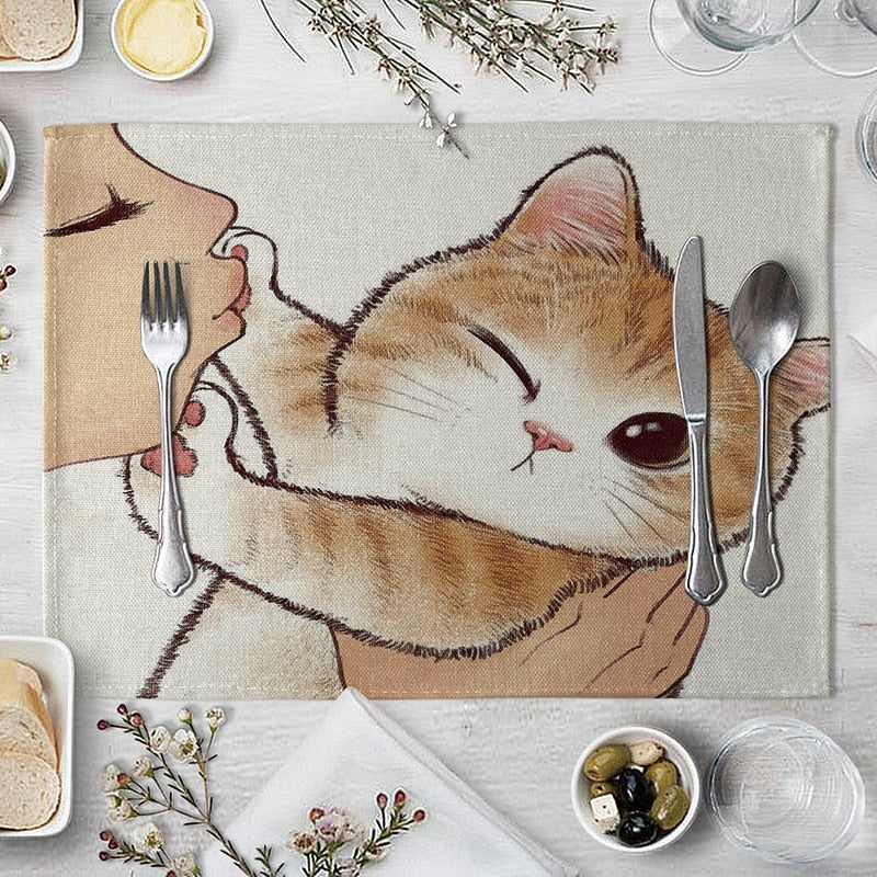 Abwaschbare Katzen Tischsets, Süße Katze Cartoon als Tiermuster