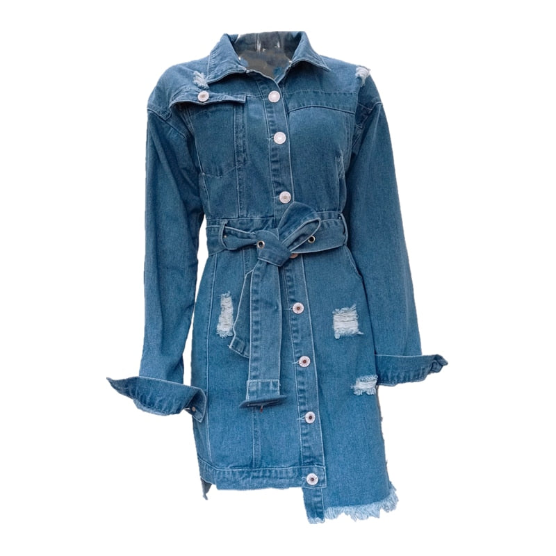 Damen Langarm Kleid Casual Denim mit einer Tasche, Mode Vintage Gürtel Kleid