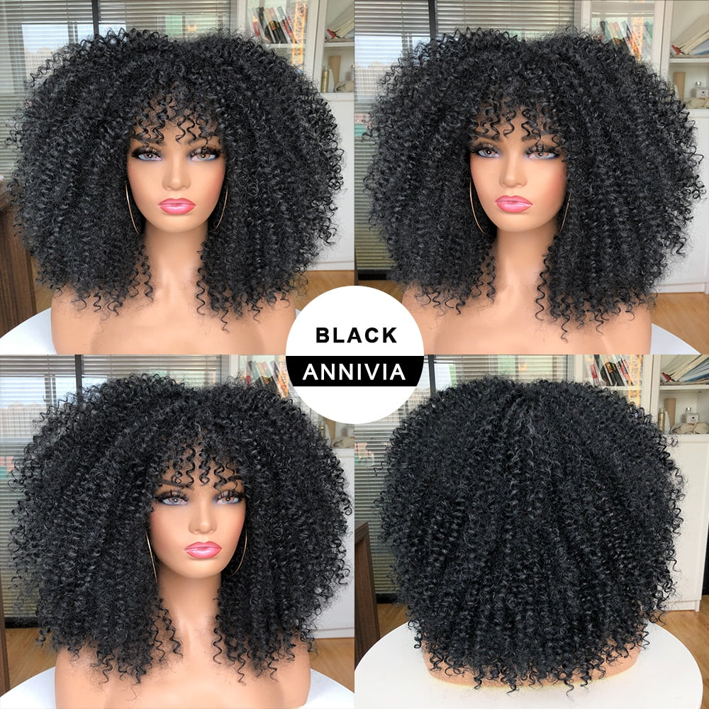 Kurzes Haar Afro Kinky Curly Perücken mit Pony für schwarze Frauen, afrikanische synthetische Lolita Perücken