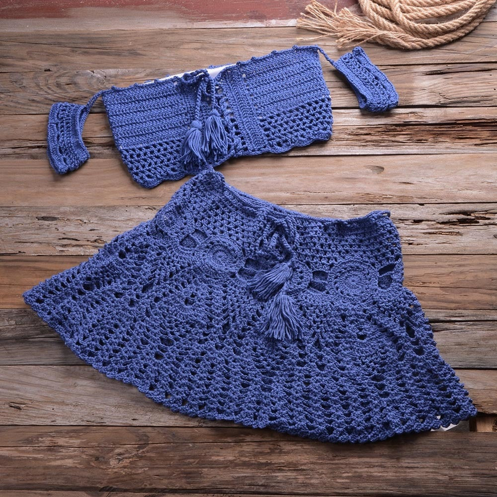 Handgestricktes Sommer Strandkleid-Set, zweiteiliges Set mit aushöhlen Crop Top Minirock