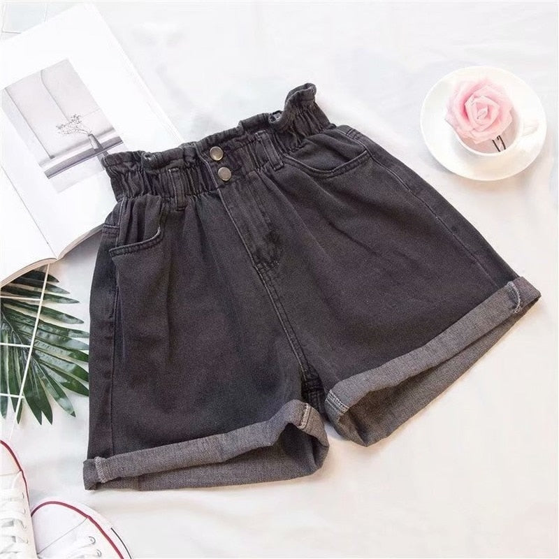 Elastische Hohe Taille Shorts Oversize für Damen, Kurze Jeans lose Breite Bein