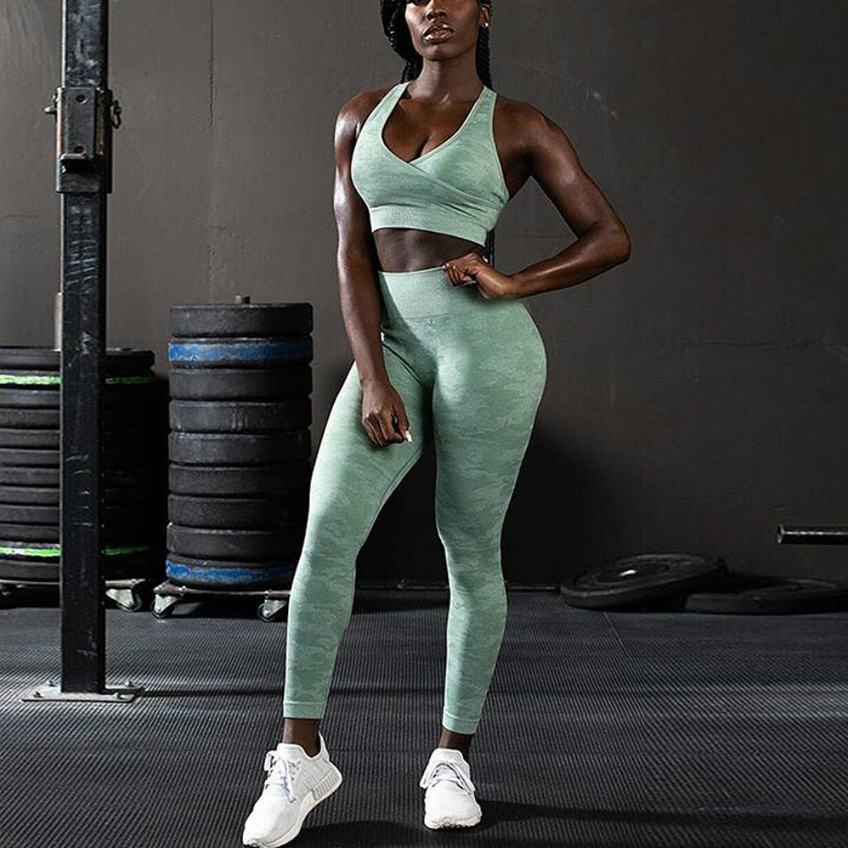 3 Teile / satz Damen Camouflage Yoga Set, Yoga-Leggings für Frauen, gestreifte Kompressionshose
