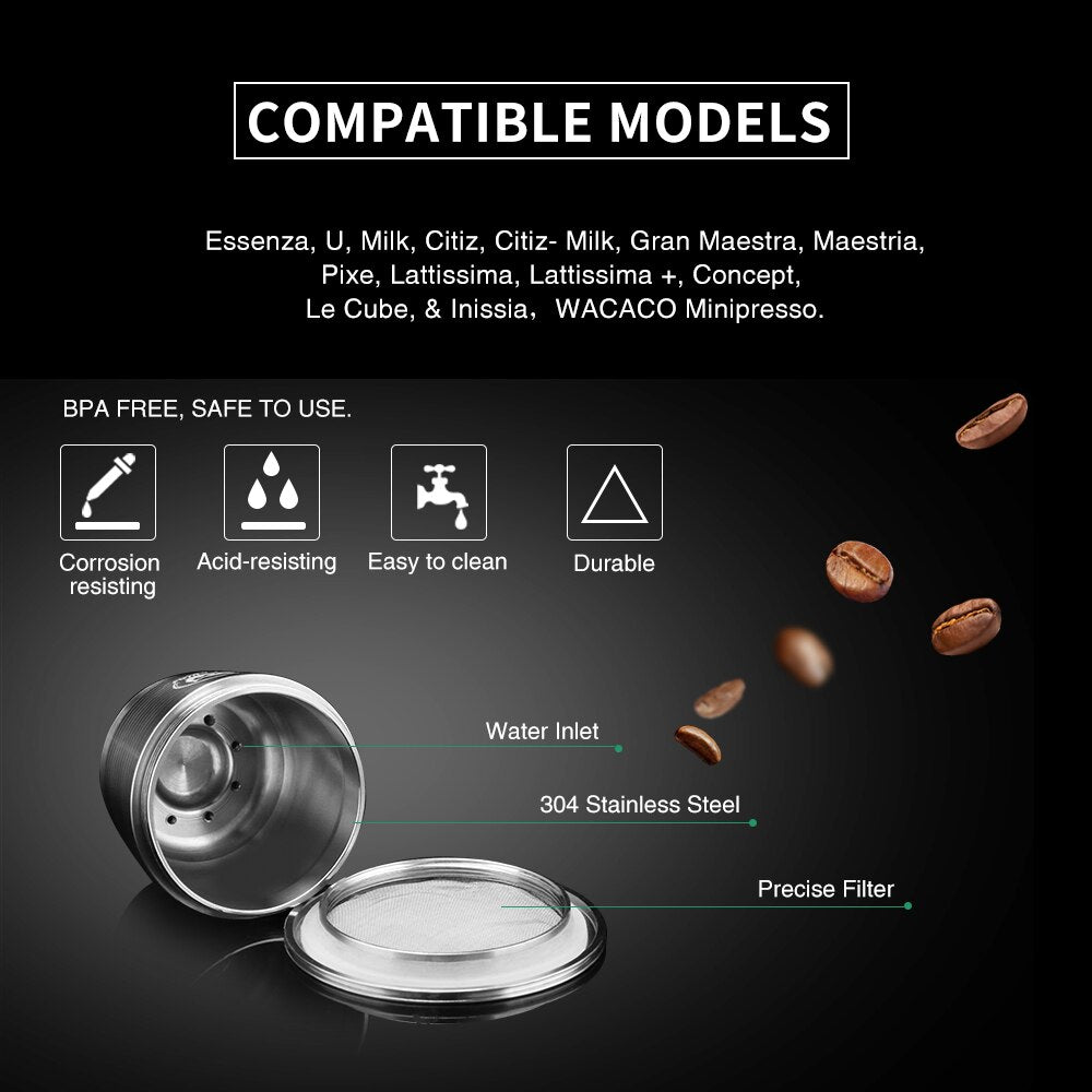 Wiederverwendbare und nachfüllbarenesspresso, Kaffeekapseln für Nespresso-Maschine mit Tamper Edelstahlkapsel
