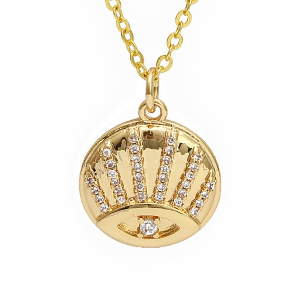 Lucky Eye Eulenherz Fatima Handpantoffeln Türkischer Böser Blick Anhänger Halskette Kupfer Goldfarbe, Langkettige Halskette für Frauen BE132