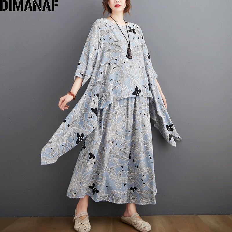 DIMANAF Plus Größe Zwei Stück Set Anzug, elegante weiblichen Tops Hemd Leinen lose Hosen für den Sommer