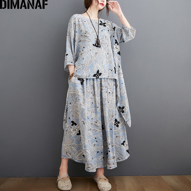 DIMANAF Plus Größe Zwei Stück Set Anzug, elegante weiblichen Tops Hemd Leinen lose Hosen für den Sommer