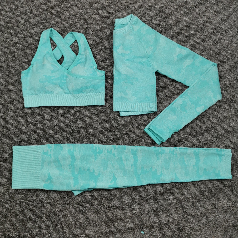 3 Teile / satz Damen Camouflage Yoga Set, Yoga-Leggings für Frauen, gestreifte Kompressionshose