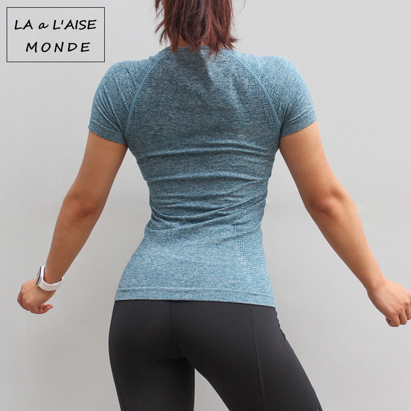 Damen Nahtloses Sportshirt, Kurzarm Yoga Sportbekleidung für Damen