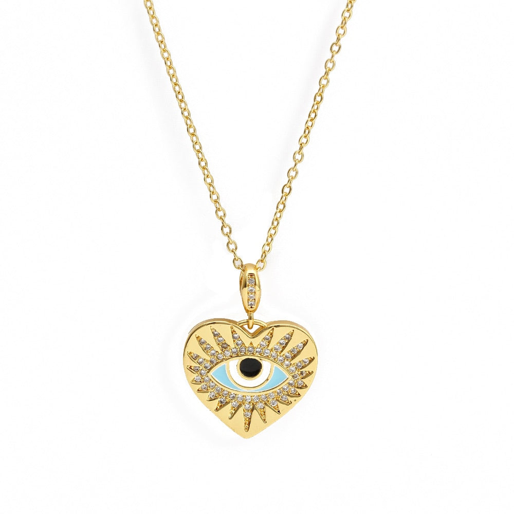 Lucky Eye Eulenherz Fatima Handpantoffeln Türkischer Böser Blick Anhänger Halskette Kupfer Goldfarbe, Langkettige Halskette für Frauen BE132