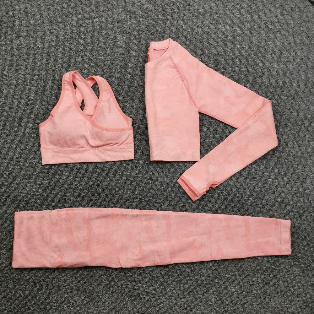 3 Teile / satz Damen Camouflage Yoga Set, Yoga-Leggings für Frauen, gestreifte Kompressionshose