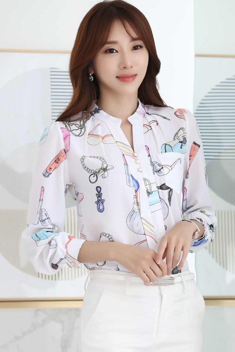 Neue Mode Plus Größe Frauen Tops Shirt Weiß Druck Dünne Weibliche Kleidung Langarm, Chiffon Bluse Frauen