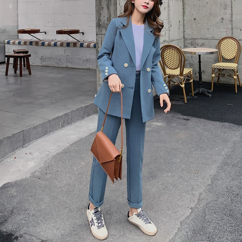 Damenmode Langarm zweireiher Blazer Anzug, Blazer Hosenanzug für Bürodamen