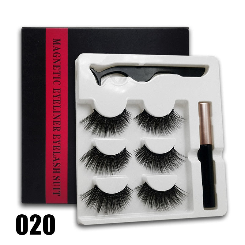 3 Paar 3D-magnetische Wimpern und flüssiger Eyeliner-Kit, natürlicher Look
