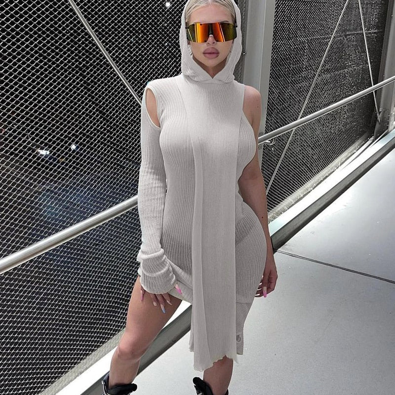 Enge gerippte Kapuze Streetwear-Baddie-Kleidung, Asymmetrische Midi-Kleider