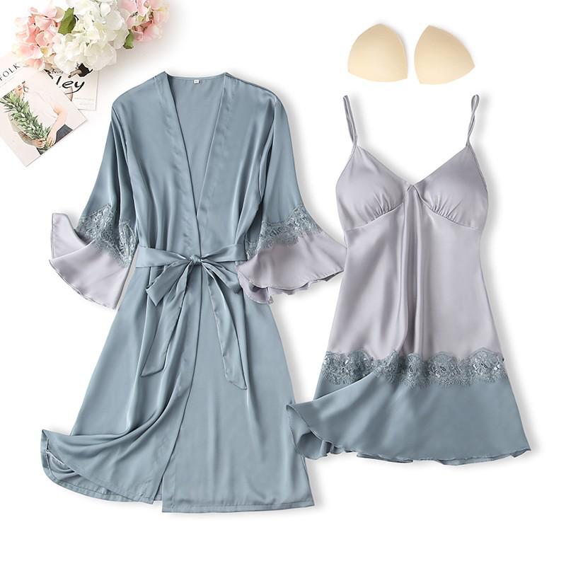 Spitzenbesatz Sexy Hochzeitsdame Robe -Anzug, Kimono Bademantel Kleid für Mini Nachtwäsche & Intime Dessous
