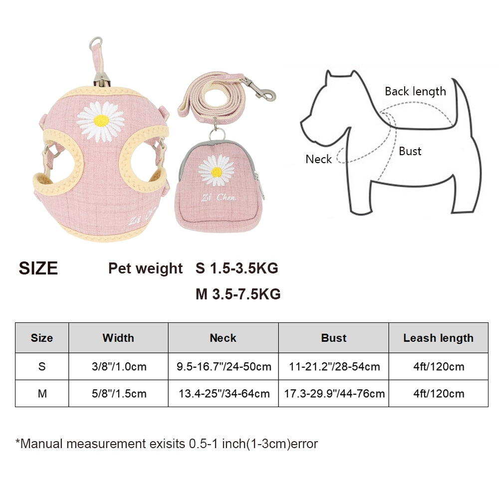 Hundegeschirr und Leine, Stickerei, atmungsaktiv, verstellbar, Snacktasche, Haustiergeschirr für kleine, mittelgroße Hunde, Katzen, Weste, Hundezubehör