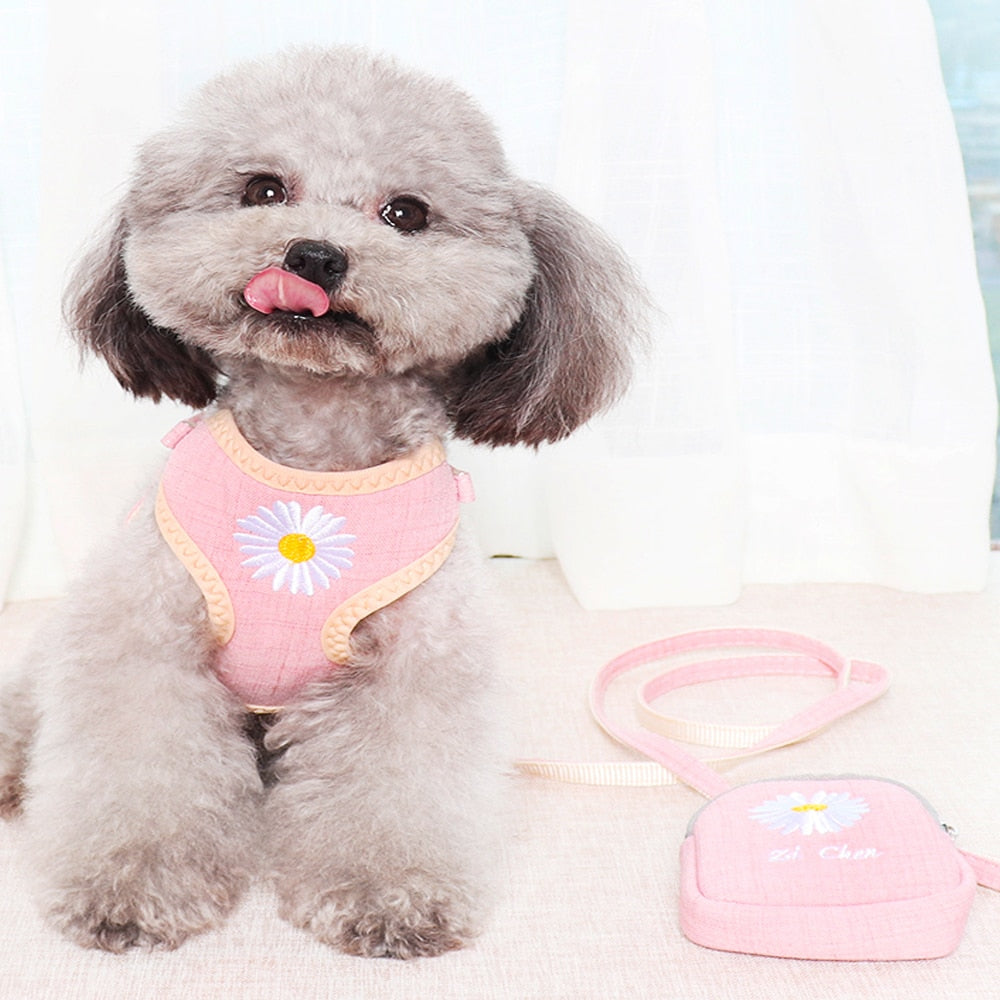 Hundegeschirr und Leine, Stickerei, atmungsaktiv, verstellbar, Snacktasche, Haustiergeschirr für kleine, mittelgroße Hunde, Katzen, Weste, Hundezubehör