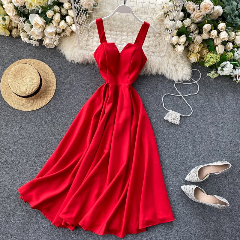 2023 Neue Frauen V-Ausschnitt Partykleid, Sommerkleid Retro Einfarbig