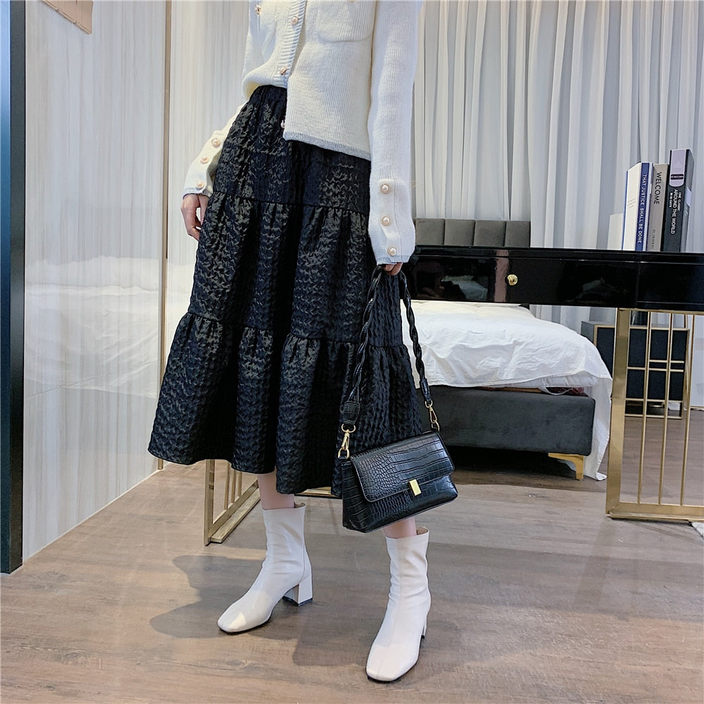 2023 Damen schwarzer Lange Pendel Rock, Hohe Qualität Jacquard Material