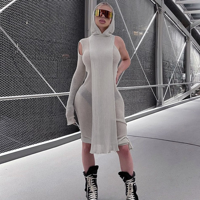 Enge gerippte Kapuze Streetwear-Baddie-Kleidung, Asymmetrische Midi-Kleider