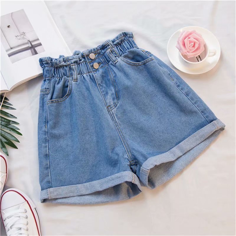 Elastische Hohe Taille Shorts Oversize für Damen, Kurze Jeans lose Breite Bein