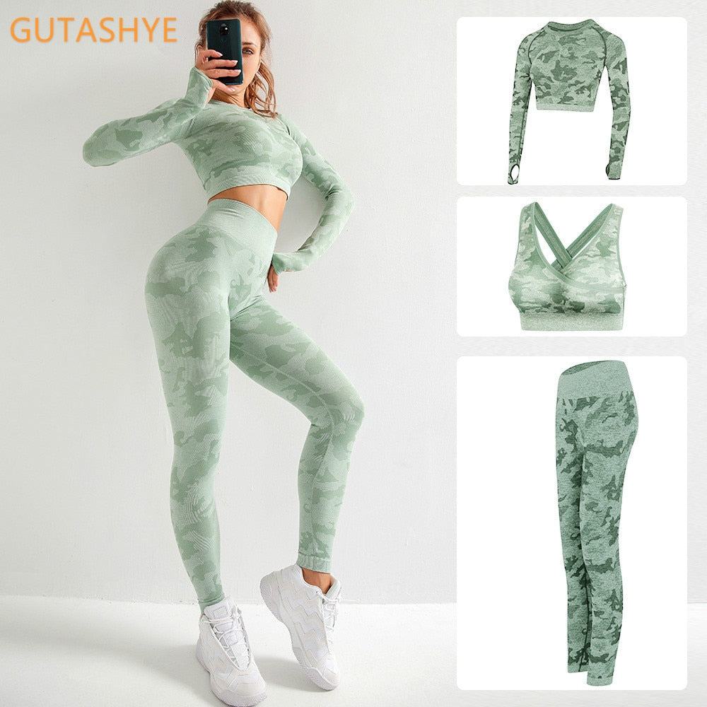 3 Teile / satz Damen Camouflage Yoga Set, Yoga-Leggings für Frauen, gestreifte Kompressionshose