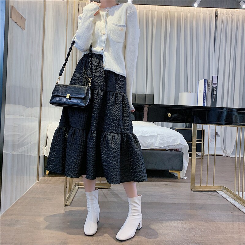 2023 Damen schwarzer Lange Pendel Rock, Hohe Qualität Jacquard Material