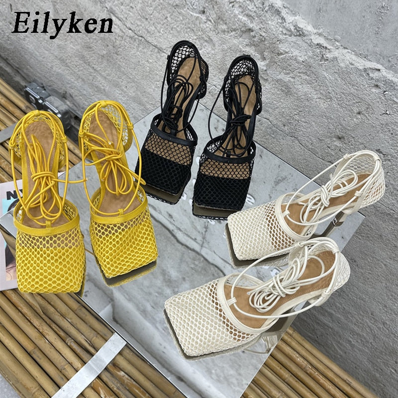 Eilyken 2023 Neue Sexy Mesh Pumps Sandalen, Weibliche Quadratische Zehe mit hohem Absatz
