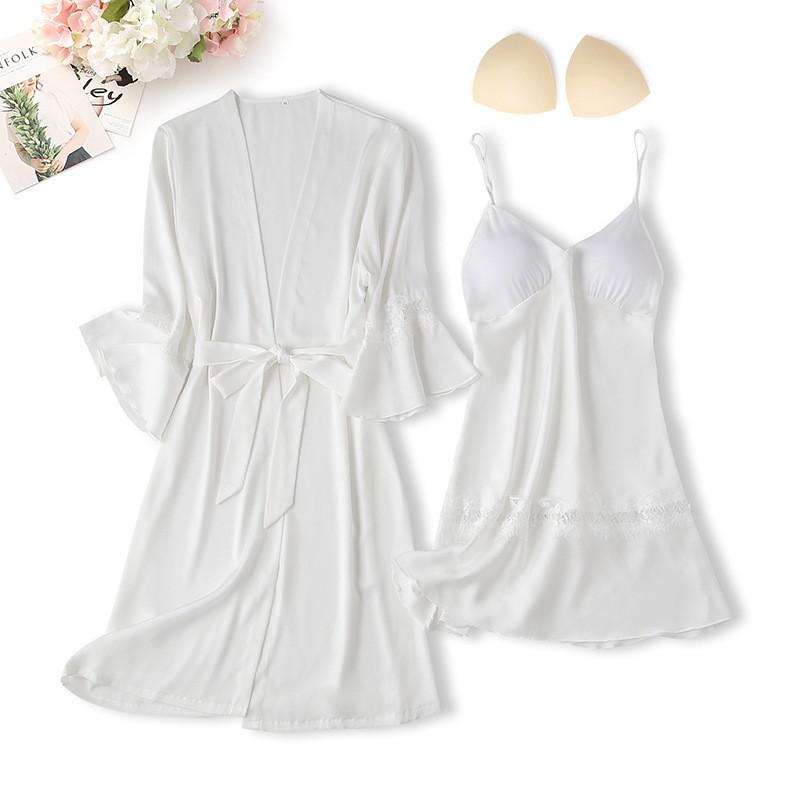 Spitzenbesatz Sexy Hochzeitsdame Robe -Anzug, Kimono Bademantel Kleid für Mini Nachtwäsche & Intime Dessous