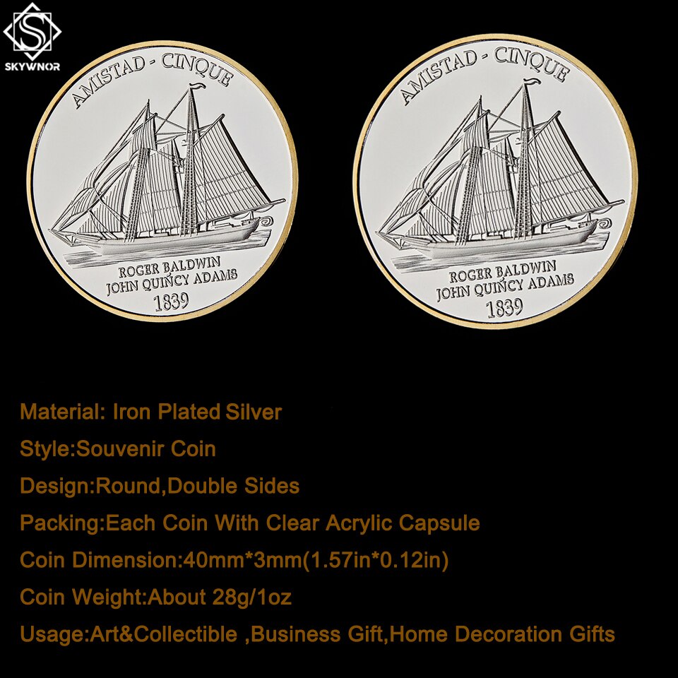 1839 American Civil War Boat Amistad Anniversary Gold & Silver USA Challenge Coin Collectibles