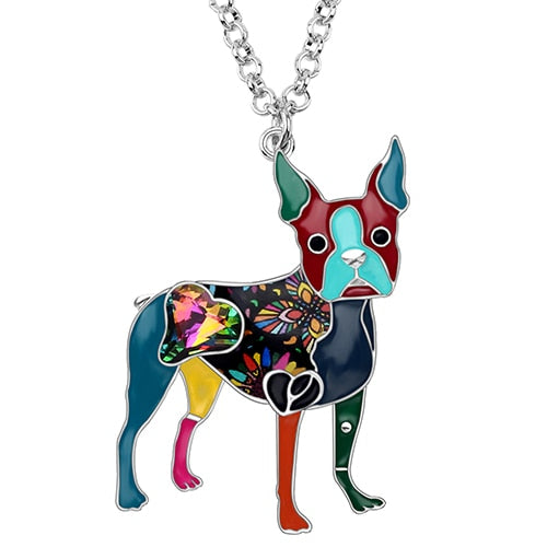 Bonsny Emaillelegierung, Kristall Strass Boston Terrier, Hund Halskette Anhänger