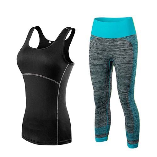 Damen Sport Running Cropped Top, 3/4 Leggings Gym Trainning Set